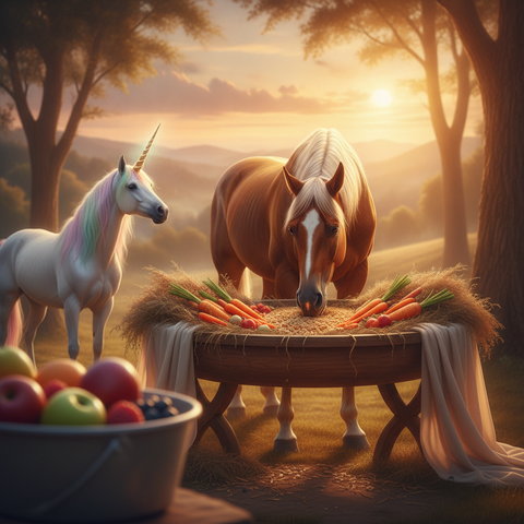 Cheval en train de manger du foin dans un pré paisible