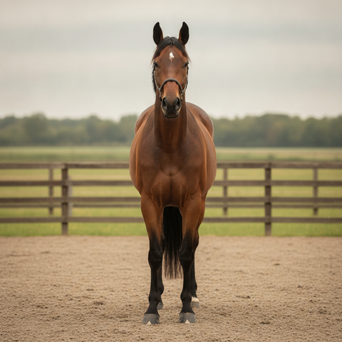 Cheval bai debout de face sur un sol plat, les quatre membres bien carrés, antérieurs entièrement visibles