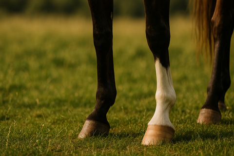 Gros plan sur les bas de membres d'un cheval au pré présentant des marques blanches contrastées