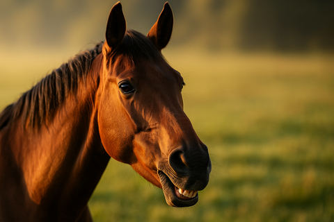 Gros plan sur la tête d'un cheval au pré, lèvre supérieure légèrement relevée laissant apparaître les incisives