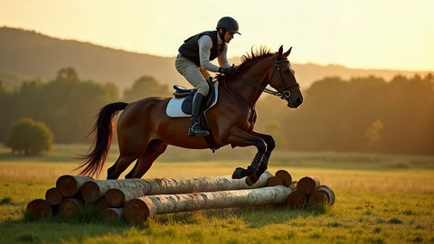 Cavalier et cheval bai franchissant un tronc d'obstacle de cross en terrain naturel herbeux