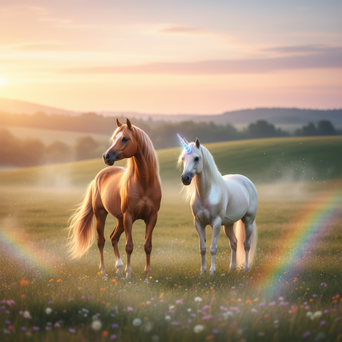 Cheval adulte serein au pré au lever du jour