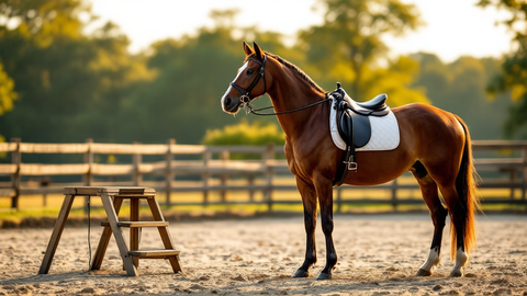 Cheval bai sellé et bridé immobile dans une carrière à côté d'un montoir en bois à trois marches