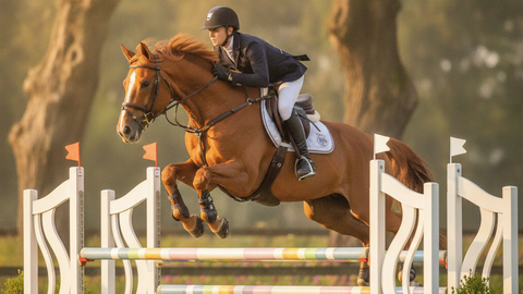 Cheval et cavalier franchissant un obstacle de CSO en carriere