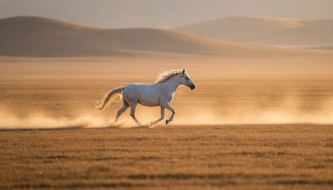 Cheval blanc au galop dans une plaine en lumiere rasante