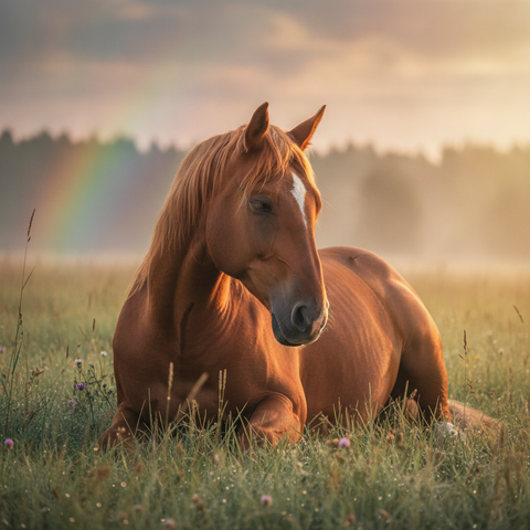 Cheval bai au repos dans un pré au lever du jour