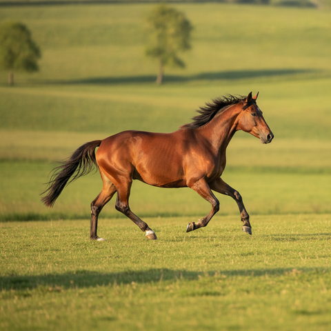 Cheval bai au trot en extérieur, vu de profil, les deux membres du bipède diagonal tendus