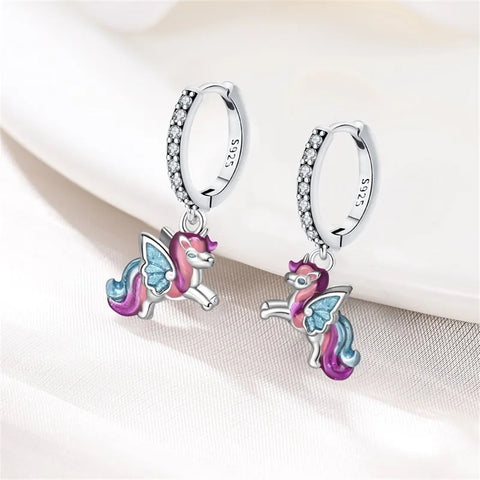 Boucles D'Oreilles Licornes Violettes Argent 925 - Fermeture à Vis - Bijoux Enfant Fille