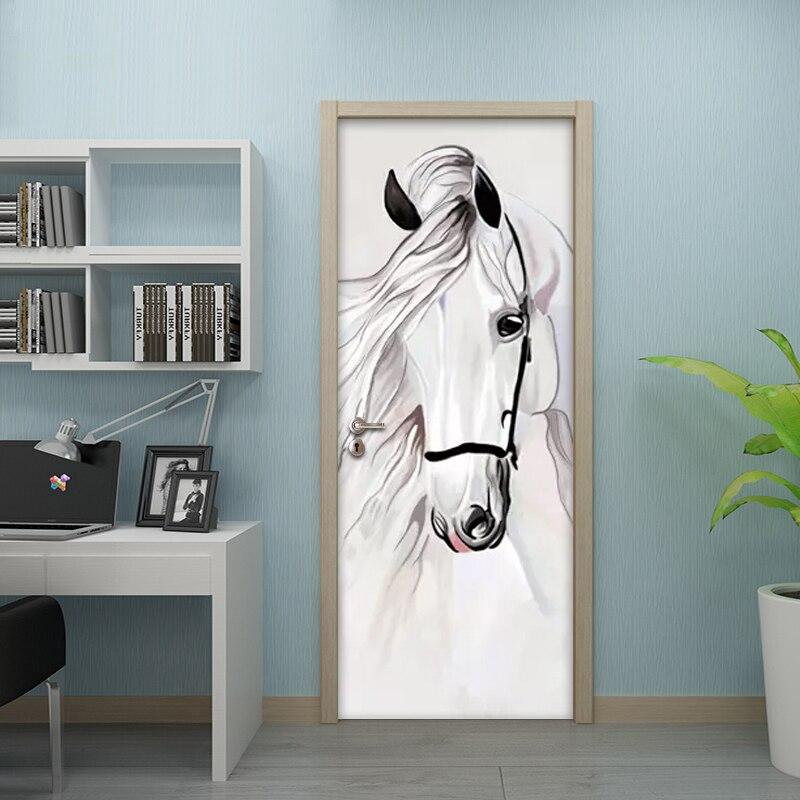 Autocollant De Porte 3D Cheval - Sticker PVC Imperméable Amovible 63x205 Cm - Déco Trompe-l'œil Pour Intérieur - 4